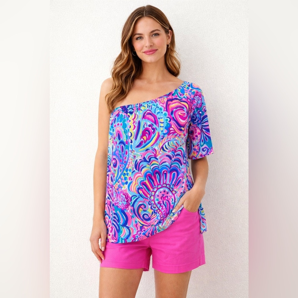 Lilly Pulitzer Silk One Shoulder Top Multicolor Print Size S
